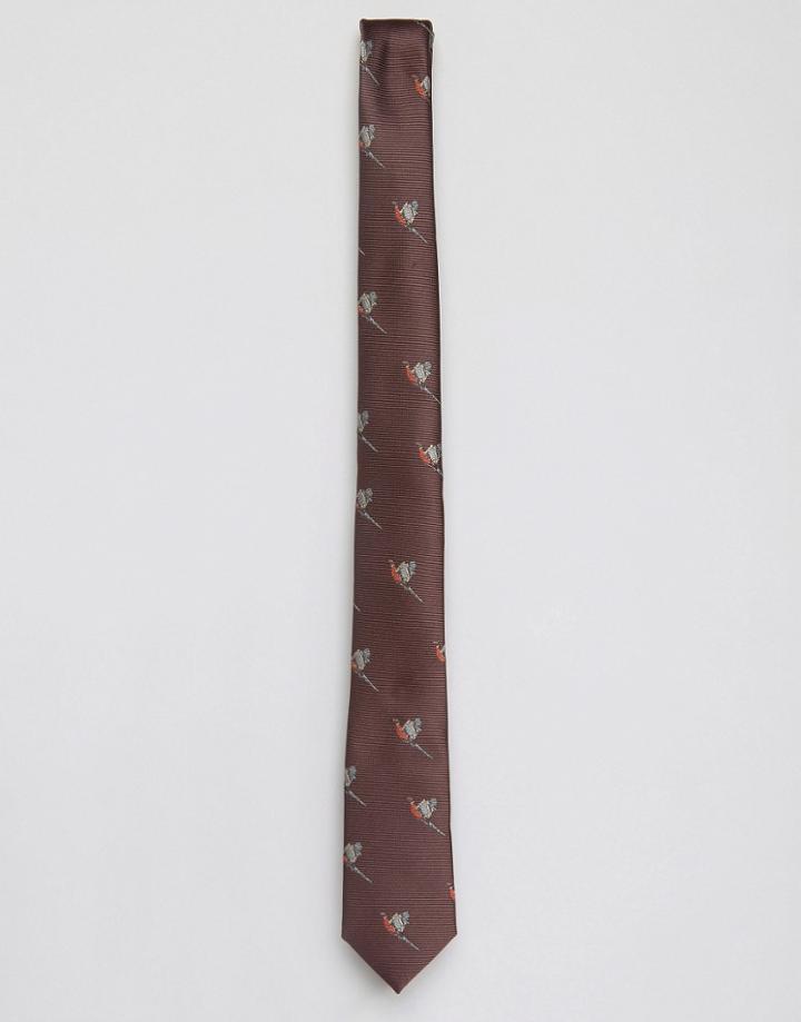 Asos Slim Tie With Pheasant Print In Burgundy - Brown