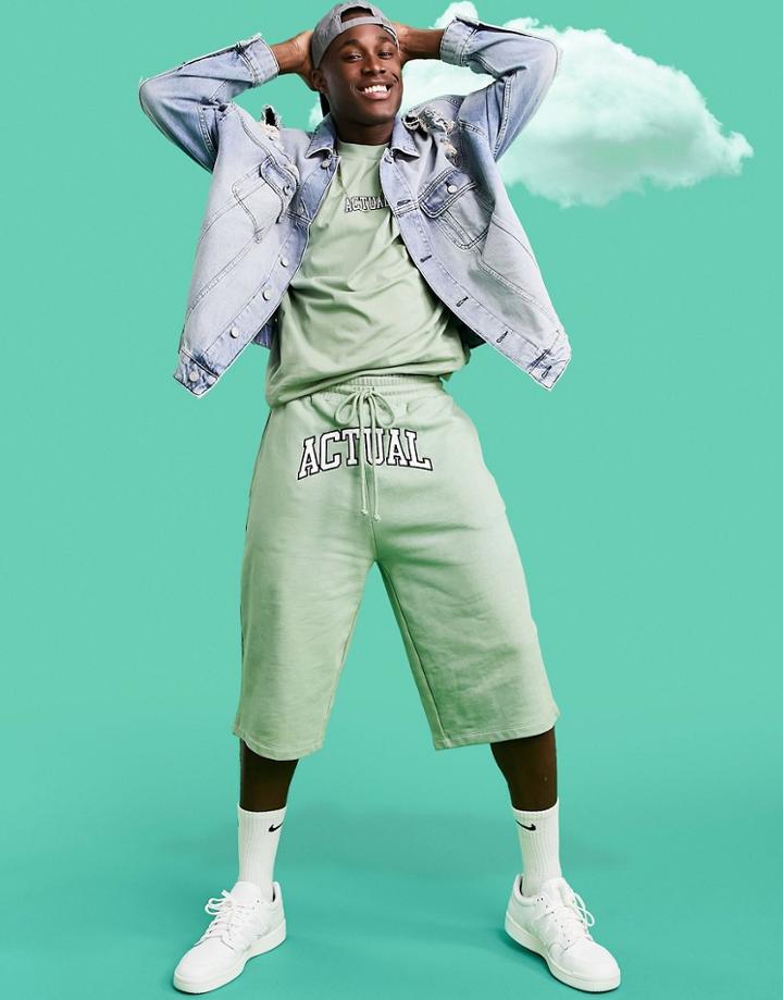 Asos Actual Set Relaxed Longer Length Short With Embroidered Logo In Green