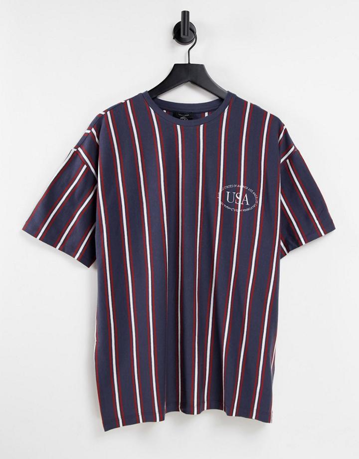 New Look Vertical Striped T-shirt With Us Embroidery In Blue-blues