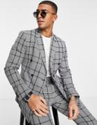 Topman Skinny Double Breasted Suit Jacket In Gray Check-black