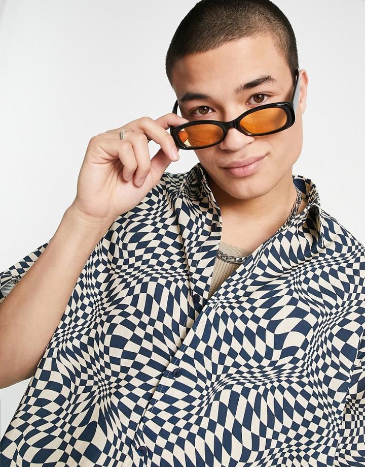 Asos Design Boxy Oversized Shirt In Navy Warped Checkerboard