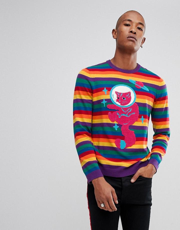 Asos Rainbow Sweater With Textured Space Cat - Multi