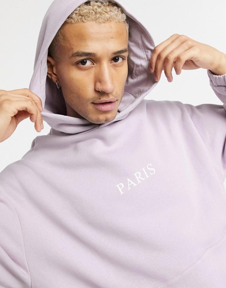 Asos Design Oversized Hoodie With Paris Chest Print And Crossover Hood Detail-purple