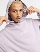 Asos Design Oversized Hoodie With Paris Chest Print And Crossover Hood Detail-purple