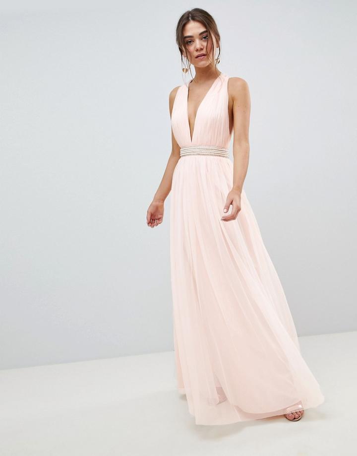 Asos Design Tulle Maxi Dress With Embellished Waist - Pink