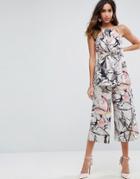 Asos Floral Abstract Jumpsuit In Structured Fabric With Knot Detail - Multi