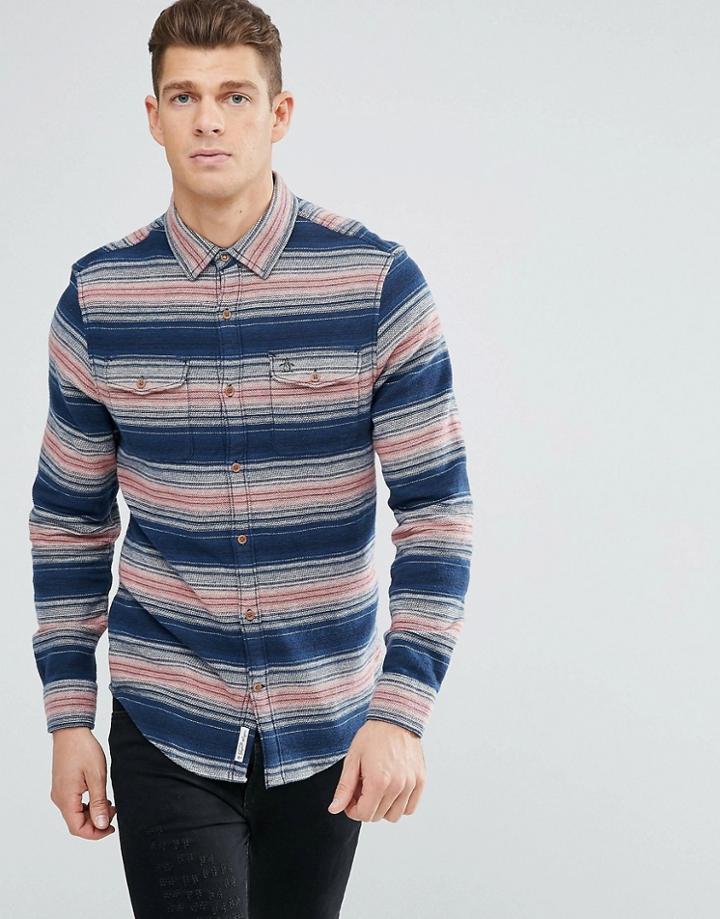 Original Penguin Over Shirt Stripe Flannel Heritage Slim Fit In Navy - Navy