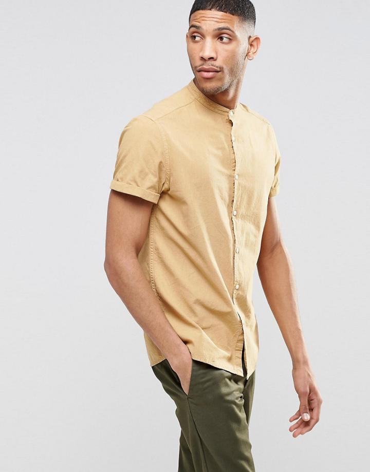 Asos Laundered Shirt In Camel With Grandad Collar In Short Sleeve - Camel