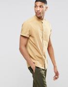 Asos Laundered Shirt In Camel With Grandad Collar In Short Sleeve - Camel