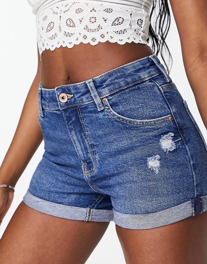 Bershka Roll Up Denim Short In Mid Blue