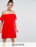 Asos Petite Off Shoulder Dress With Lace Hem - Red