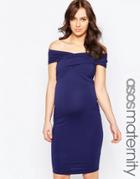 Asos Maternity Midi Body-conscious Dress With Twist Off Shoulder - Blue