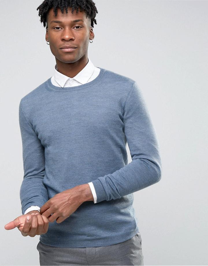 Asos Muscle Fit Crew Neck Sweater In Merino Wool - Blue