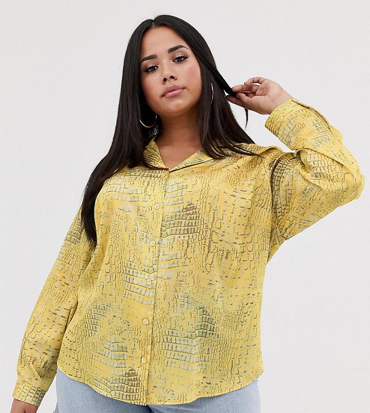 Asos Design Curve Relaxed Satin Long Sleeve Shirt In Crocodile Animal Print - Multi