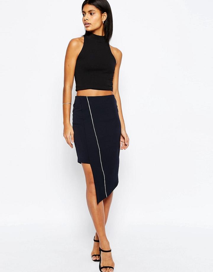 Asos Premium Asymmetric Pencil Skirt With Piping Detail - Navy