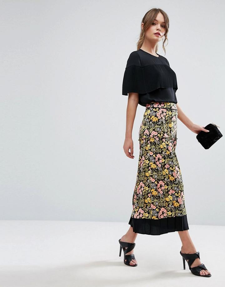 Warehouse Floral Print Contrast Maxi Skirt - Black