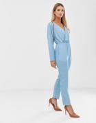 Asos Design Soft Denim Wrap Front Jumpsuit In Lightwash Blue - Blue