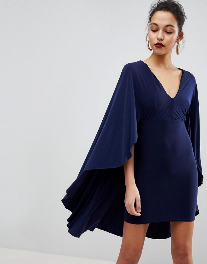 Club L Mini Slinky Bodycon Dress With Cape Detail - Navy