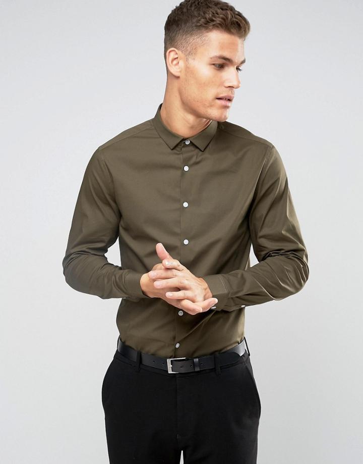 Asos Slim Shirt With Stretch In Khaki - Green