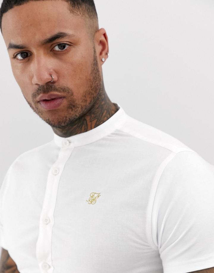 Siksilk Short Sleeve Shirt In White With Grandad Collar - White
