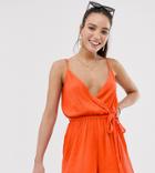 Asos Design Tall Cami Wrap Front Crinkle Romper - Pink