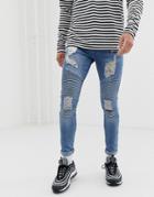 Boohooman Super Skinny Biker Jeans With Rips In Blue Wash - Blue