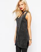 Oasis Sparkle Knitted Tunic With Tie Neck - Black And Silver