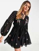 Asos Design Shirred Sleeve Button Through Mini Dress With Floral Embroidery-multi