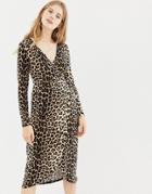 Qed London Wrap Dip Back Mini Dress In Leopard Print - Brown