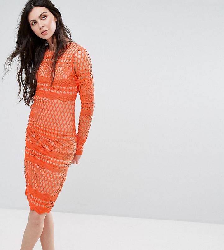True Decadence Tall Long Sleeve All Over Lace Midi Dress - Orange
