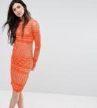True Decadence Tall Long Sleeve All Over Lace Midi Dress - Orange