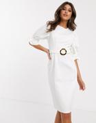 Asos Design Denim Midi Dress With Puff Sleeve In White