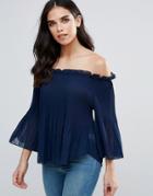 Qed London Pleated Chiffon Off Shoulder Top - Black