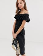 Asos Design Lace Up Off Shoulder Linen Midi Dress - Black
