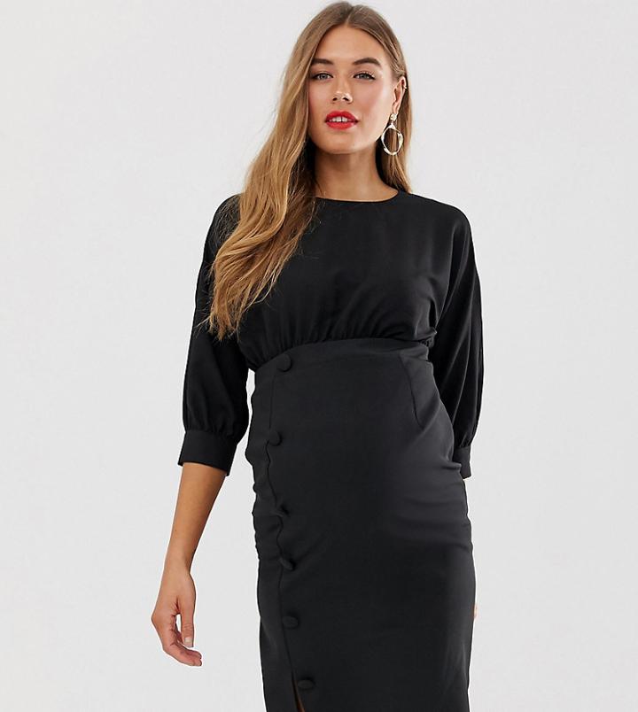 Asos Design Maternity Midi Pencil Dress With Button Skirt-black