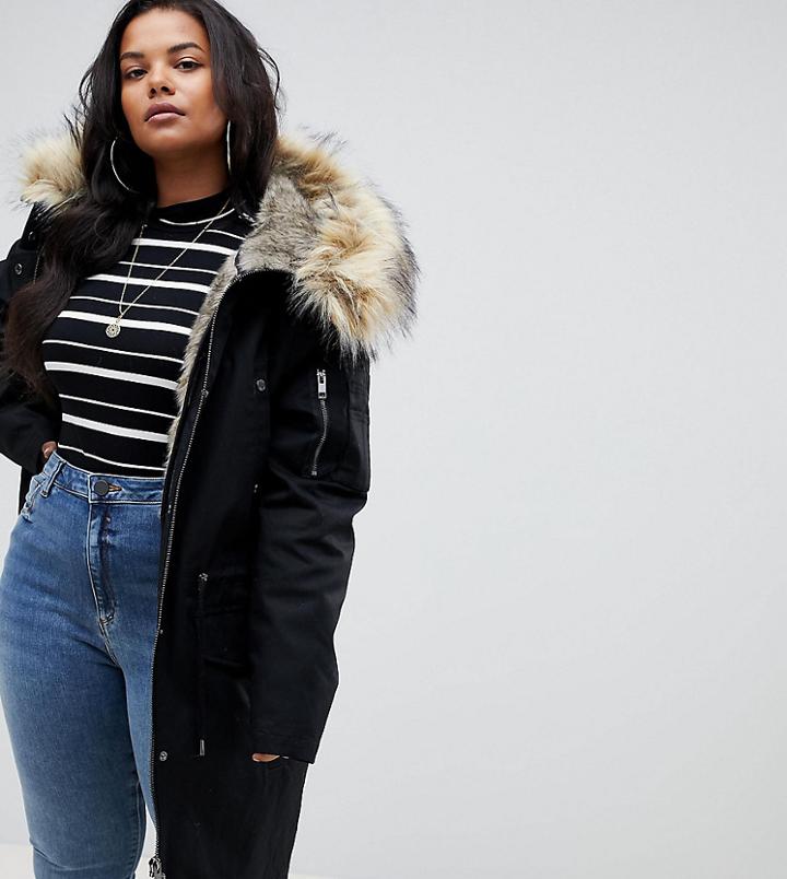 Asos Design Curve Parka With Detachable Faux Fur Liner - Black