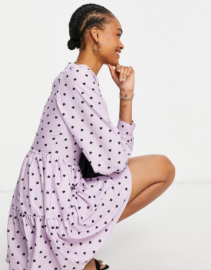Closet London Volume Sleeve Tiered Smock Mini Dress In Lavender Heart Print-purple