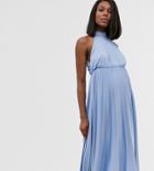 Asos Design Maternity Halter Pleated Waisted Midi Dress-blue