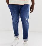 Asos Design Plus Spray On Jeans With Power Stretch In Blue With Abrasions - Blue