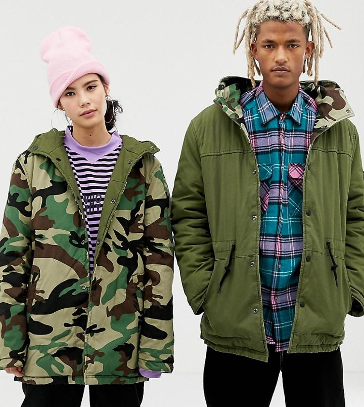 Collusion Unisex Reversible Camo Parka Jacket-green