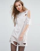 Asos Cold Shoulder Nibbled T-shirt Dress - Beige