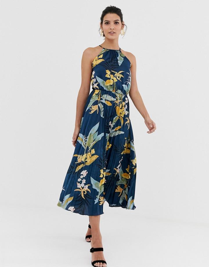 Liquorish Midi Dress With Pleated Skirt In Floral Print-navy