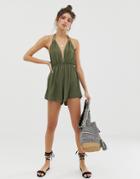 Asos Design Crinkle Halter Romper-green