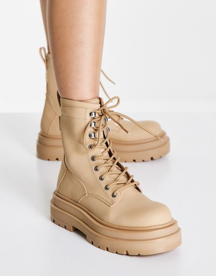 Pull & Bear Lace Up Chunky Ankle Boots In Tan-brown