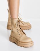 Pull & Bear Lace Up Chunky Ankle Boots In Tan-brown