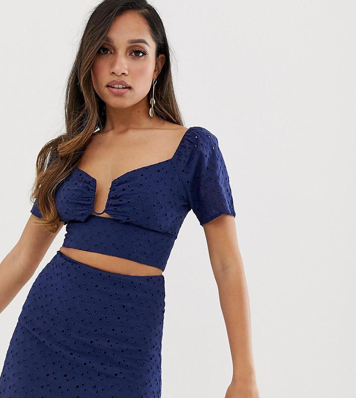 Fashion Union Petite Ring Front Crop Top In Broderie Two-piece-blue