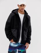 Asos Design Zip Through Borg Jacket With Hood - Black