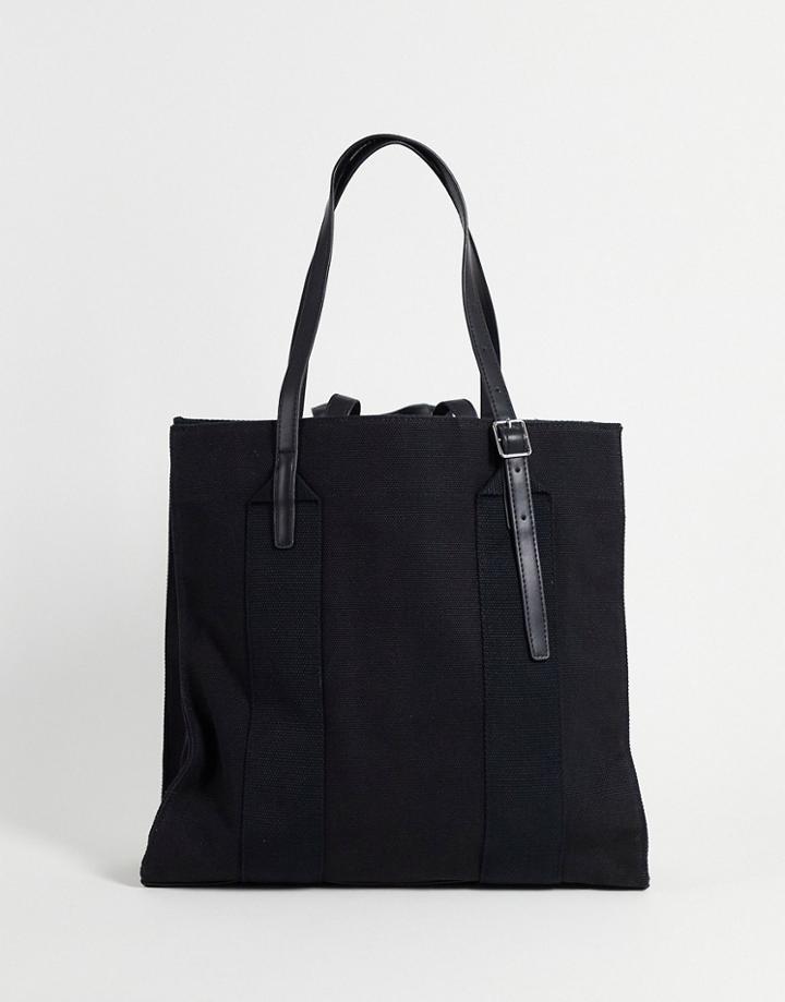 Asos Design Heavyweight Canvas Tote Bag With Internal Compartments And Double Strap-black
