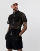 Asos Design Mesh Short Jumpsuit With Gold Zips In Black - Black