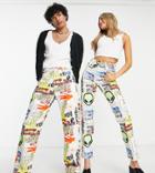 Collusion X015 Unisex 90s Graffiti Print Straight Jeans In Ecru-multi
